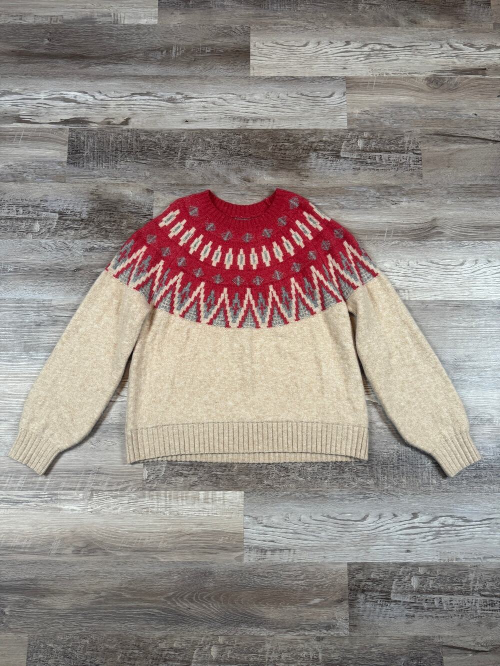 Lucky Brand Fair Isle Sweater Oatmeal Red Nordic Ski Lodge Christmas Cozy Knit M
